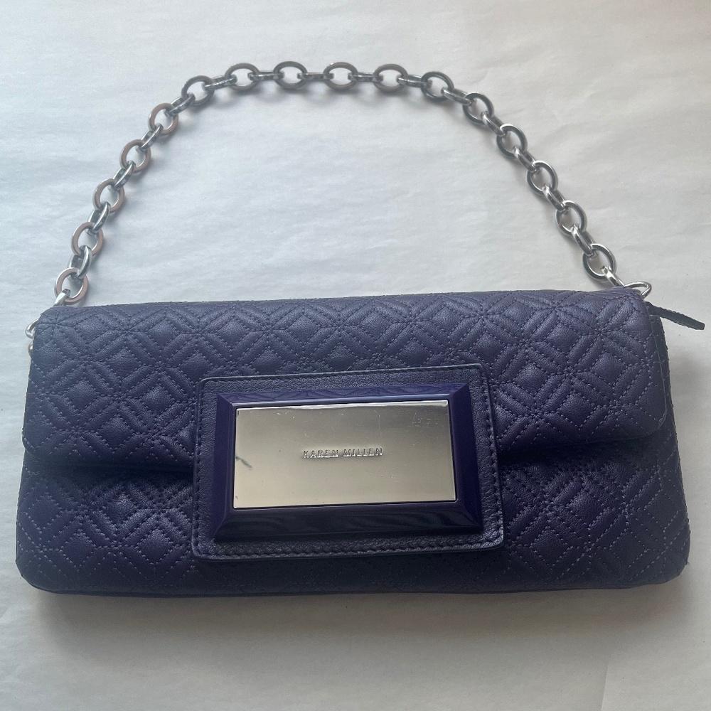 Karen Millen Leather Purple Quilted Clutch Logo Chain Cocktail Shoulder Bag